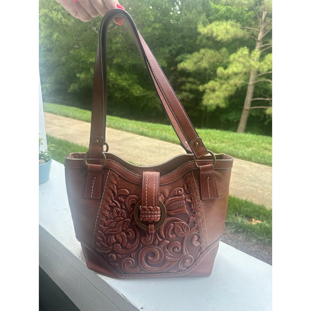 Concept Brown Embossed Floral Western Tote Handbag Tooled Faux Leather Shoulder